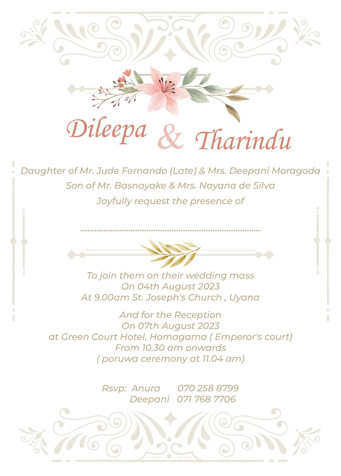 Wedding invitation card of Dileepa and Tharindu